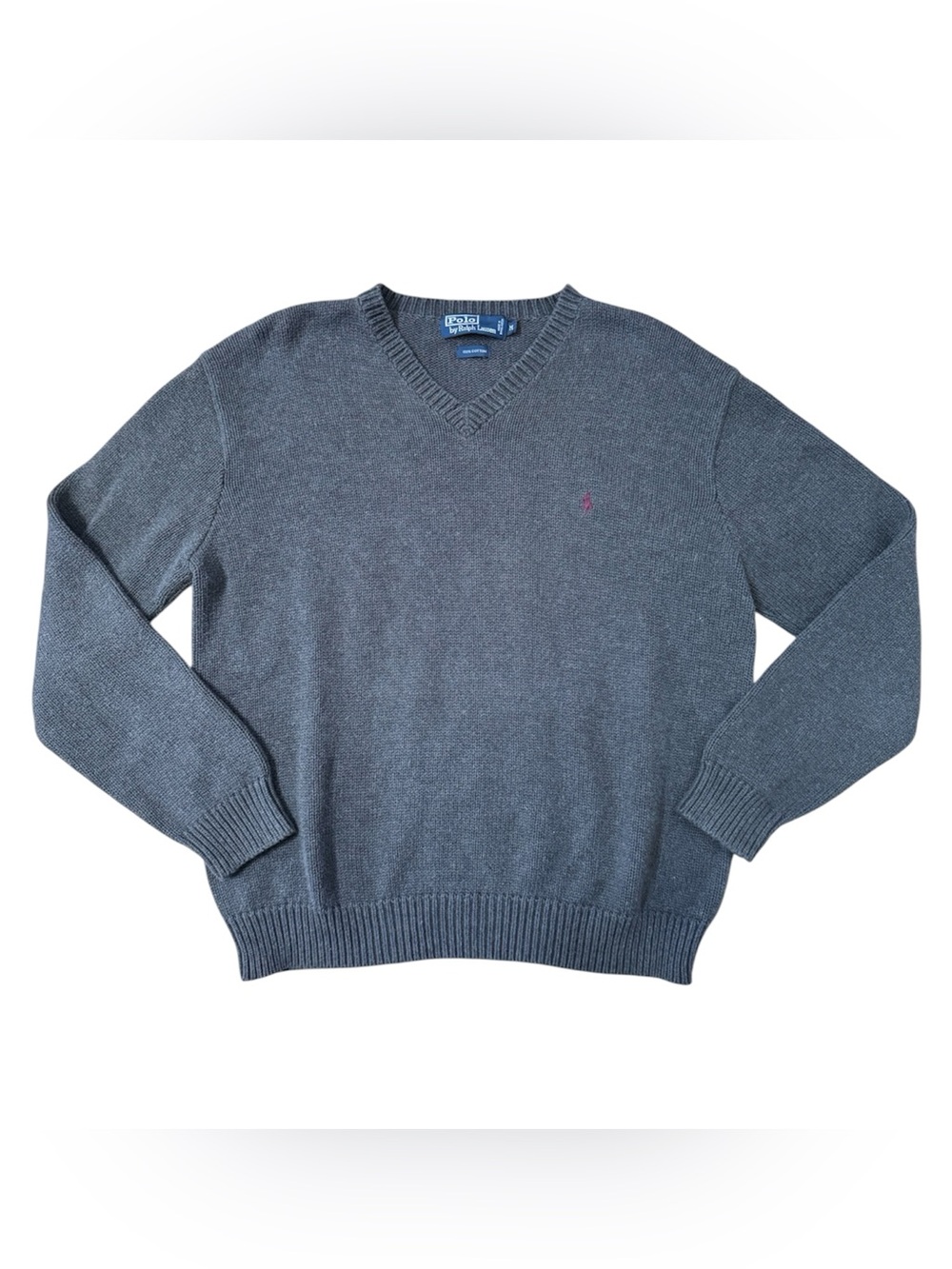 Polo by Ralph Lauren Charcoal V-Neck Sweater with burgundy pony.